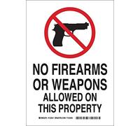 Brady 123542 Panneau d'admission légende « No Firearms or Weapons allowed On This Property », 35,6 cm de hauteur, 25,4 cm de largeur, noir et rouge sur blanc