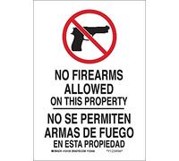 Brady 124132 Panneau bilingue « No Firearms Allowed On This Property », 35,6 cm de hauteur, 25,4 cm de largeur, noir et rouge sur blanc