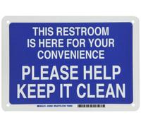 Brady 22858 Panneau de maintenance en plastique, 17,8 x 25,4 cm, légende « This Restroom Is Here For Your convenience Please Help Keep It Clean », blanc sur bleu