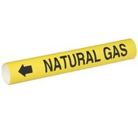 Brady 4097-B Snap 1-1/2" - 2-3/8" Diamètre extérieur du tuyau B-915 Feuille de plastique imprimée enroulée Noir sur jaune Marqueur de tuyau Legend « Natural Gas »