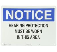 Brady 43068 Panneau de protection auditive de 25,4 cm de hauteur, 35,6 cm de largeur, B-555 en aluminium bleu et noir sur blanc, légende « Notice Hearing Protection Must Be Worn In This Area »