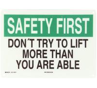 Brady 69173 Panneau de sécurité en fibre de verre de qualité supérieure, 25,4 x 35,6 cm, légende « Don't Try To Lift More Than You Are Able »