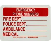 Brady 80279 17,8 cm de hauteur, 25,4 cm de largeur, plastique B-347, rouge sur vert, panneau de sortie et directionnel phosphorescent, légende « numéros de téléphone d'urgence pompiers service de