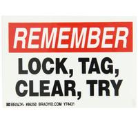 Brady 86250 Lot de 5 étiquettes de 8,9 cm de hauteur, 12,7 cm de largeur, polyester B-302 haute performance, noir et rouge sur blanc pour machine et équipement, légende « Remember, Lock, Tag, Clear