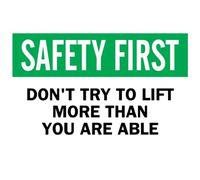 Brady 88839 - Polyester auto-collant, 25,4 x 35,6 cm, « Don't Try to Lift More Than You Are Able »