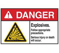 Brady Aluminium 144984 « Danger Explosives ». Suivez les précautions appropriées. Une blessure grave ou la mort se produira ». Panneau de 25,4 x 35,6 cm (H x l). Noir/rouge/jaune/blanc