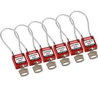 Brady Cadenas à câble compacts 6-pack - Lockout Tagout Cadenas de sécurité avec clé - Cadenas à longue tige - Clé Différente - 32mm x 35mm x 16mm - Longueur du câble 200 mm, Rouge