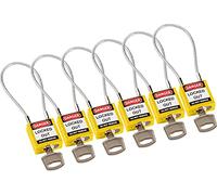 Brady Cadenas à câble compacts 6-pack - Lockout Tagout Cadenas de sécurité avec clé - Cadenas à longue tige - Clé Différente - 32mm x 35mm x 16mm - Longueur du câble 200 mm, Jaune