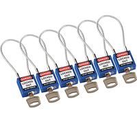 Brady Cadenas à câble compacts 6-pack - Lockout Tagout Cadenas de sécurité avec clé - Cadenas à longue tige - Clé Différente - 32mm x 35mm x 16mm - Longueur du câble 200 mm, Bleu