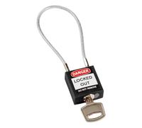Brady Cadenas à câble compacts - Lockout Tagout Cadenas de sécurité avec clé - Cadenas à longue tige - Clé Différente - 32mm x 35mm x 16mm - Longueur du câble 200 mm, Noir