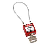 Brady Cadenas à câble compacts - Lockout Tagout Cadenas de sécurité avec clé - Cadenas à longue tige - Clé Différente - 32mm x 35mm x 16mm - Longueur du câble 200 mm, Rouge
