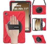 BRAECN Coque pour Galaxy Tab A9+ - Samsung Galaxy Tab A9+ Plus 11” 2023 | Coque anti choc, avec dragonne, bandoulière réglable et support pivotante 360° - robuste, renforcée, travail/outdoor, Rouge