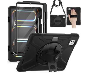 BRAECN Coque pour iPad Pro 11 Pouces - M5/M4 2025/2024 6eme/5eme Génération | Étui de Robuste avec Film Protection, Porte-Stylet, Support Rotatif à 360°et Dragonne, Bandoulière, antichoc Housse, Noir