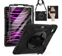 BRAECN Coque pour iPad Pro 12.9 Pouces - iPad Pro 6/5/4/3 Génération Housse | Étui de Robuste avec Film Protection, Porte-Stylet, Support Rotatif à 360°et Dragonne, Bandoulière, antichoc Housse, Noir