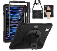 BRAECN pour Coque iPad Pro 11 2022/2021/2020/2018, 4ème/3ème/2ème/1ème Génération, Étui de Robuste avec Film Protection, Support Rotatif à 360°et Dragonne, Bandoulière, Porte-Stylet, Noir