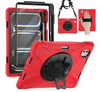 BRAECN pour Coque iPad Pro 11 Pouces 2025 M5/2024 M4 6eme/5eme Génération, Étui de Robuste avec Film Protection, Support Rotatif à 360°et Dragonne, Bandoulière, Porte-Stylet, Rouge