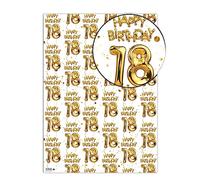 Brainbox Candy - 2 feuilles de papier cadeau amusant « 18e anniversaire » - Emballage de ballons blancs et dorés - Emballage cadeau pour lui, elle, fils, fille, dix-huitième anniversaire - Emballage