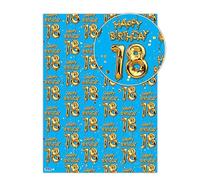 Brainbox Candy - 2 feuilles de papier cadeau amusant « 18e anniversaire » - Emballage de ballons bleus et dorés - Emballage cadeau pour lui, elle, fils, fille, dix-huitième anniversaire - Emballage
