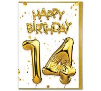 Brainbox Candy - Carte d'anniversaire 14 ans - Carte de 14 ans - Carte en feuille d'or - Or blanc - Pour fils et filles - Anniversaire de famille - Ami