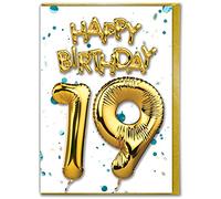 Brainbox Candy - Carte d'anniversaire 19 ans - 19 ans - Carte ballon en feuille d'or - Blanc Bleu - Pour fils, fille, anniversaire de famille - Ami - Dix-neuvième anniversaire