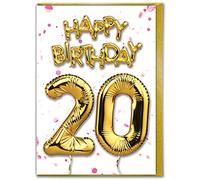 Brainbox Candy Carte d'anniversaire 20 ans - Carte de ballons en feuille d'or - Blanc et rose - Pour fils et filles - Anniversaire de famille - Ami - Vingtième anniversaire