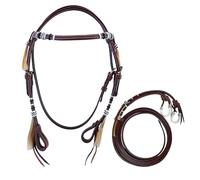 Brama West Bride western « Wyatt » - Bride en cuir élégante de style western classique - Avec coutures contrastées blanches, décor Rawhide et pompons en crin de cheval - Marron - Avec bride (Full)