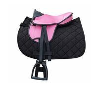 Brama West Ensemble de selle pour cheval en bois « My Happy Pony » | Selle pour shetty, cheval en bois et cheval en peluche | avec tapis de selle, sangle, étriers et étrivières (Noir/Rose)