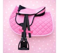 Brama West Ensemble de selle pour cheval en bois « My Happy Pony » | Selle pour shetty, cheval en bois et cheval en peluche | avec tapis de selle, sangle, étriers et étrivières (Rose)