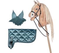 Brama West HKM Hobby Horse Set - Cheval à piquer + couverture de qualité supérieure et bonnette anti-mouches - Parfait pour les loisirs d'équitation et les tournois (Beige/turquoise)