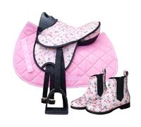 Brama West My Happy Pony Selle Shetty pour enfant avec bottes d'équitation assorties | Selle de cheval en bois avec couverture de selle, sangle et étriers | Motif floral rose (selle flower/couverture