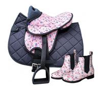 Brama West Selle Shetty « My Happy Pony » pour enfant avec bottes d'équitation assorties - Selle de cheval en bois avec couverture de selle, sangle et étriers - Motif floral rose (selle Flower