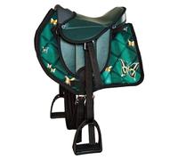 Brama West Selle Shetty pour enfant « My Little Butterfly » | Selle pour cheval en bois Shetty Pony | Avec tapis de selle, sangle de selle, étriers et étriers | Vert