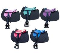 Brama West Selle Shetty pour enfant « My Little Pony » | Selle pour cheval en bois Shetty Pony | Avec tapis de selle, sangle de selle, étriers et étriers | Selle violette/couverture noire