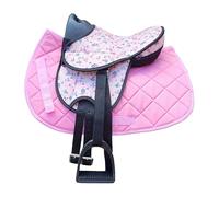 Brama West Selle Shetty pour enfant « My Little Pony » | Selle pour cheval en bois Shetty Pony | Avec tapis de selle, sangle de selle, étriers et étriers | Selle Flower / Couverture rose