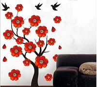 Branche avec des fleurs rouges oiseaux Brindille avec des feuilles rouges et des décors de houes pièce décor. Autocollants muraux colorés. Décoration de salon. Décor à la maison Art déco.