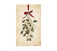 Branche de gui avec feuilles ovales vertes discrètes, drapeaux de cour, maison, bannière de vœux avec œillets, décoration d'intérieur ou d'extérieur