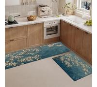Branches Cerisier Bleu Lot de 2 Tapis Cuisine antidérapants lavables, Retro Country Anti-Fatigue paillasson Cuisine pour décoration de Maison Bureau Debout, 43x75+43x150cm