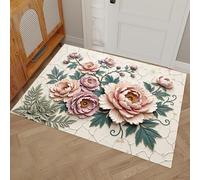 Branches Feuilles Pivoine en Relief Tapis d'entrée, Fleurs Traditionnelles Antidérapant Paillasson Entrée Lavable - Rose Tapis de Porte Absorbant Et Durable pour Hall Salle de Bain, 50 x 80 cm