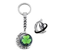 Brand-gangdiude Pendentif Porte Clé Four Leaf Clover Pendentif Porte Clé Lune Rotative Cristal Verre Double Face Bijoux Unisexe