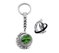 Brand-gangdiude Pendentif Porte Clé Four Leaf Clover Pendentif Porte Clé Lune Rotative Cristal Verre Double Face Bijoux Unisexe