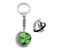 Brand-gangdiude Pendentif Porte Clé Four Leaf Clover Pendentif Porte Clé Lune Rotative Cristal Verre Double Face Bijoux Unisexe