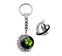 Brand-gangdiude Pendentif Porte Clé Four Leaf Clover Pendentif Porte Clé Lune Rotative Cristal Verre Double Face Bijoux Unisexe