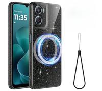 BRAND SET Coque pour Motorola Moto G06 Magnétique Case, Fine à Paillettes Étui Antichoc avec Dragonne, Compatible Charge sans Fil Étui Bling pour Motorola Moto G06, Noir
