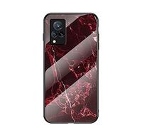 BRAND SET Coque pour Vivo V21 5G Étui en Silicone Extra-Mince en Verre Trempé Marbré Étui Tout Inclus étui en Gel TPU Souple Étui pour Vivo V21 5G (Rouge)