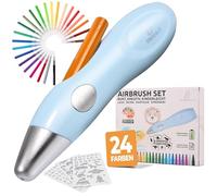 BRANDALO® Kit d'aérographe pour enfants avec 24 couleurs de stylos soufflant et peinture aérographe, pinceau à air, stylos pulvérisateurs, pistolet aérographe, accessoires de peinture, bleu clair