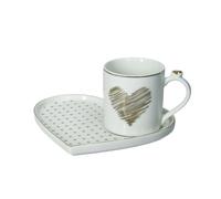 BRANDANI Ensemble Tasse Tasse avec Plateau Amour 51663 Coeur Rayures Porcelaine Bone Chine Blanc Or