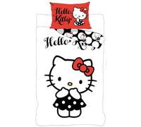 BrandMac Hello Kitty Parure de Lit Bébé 100% Coton - Housse de Couette 100x135 cm et Taie d'oreiller 40x60 cm - Design Réversible Pois Noir, Blanc et Rouge - Licence Officielle