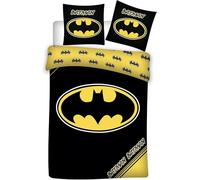 BrandMac Parure de lit Batman pour lit simple | Housse de couette 140 x 200 cm avec taie d'oreiller 60 x 65 cm | 100 % coton | Motif Bat-Signal classique noir et jaune | Décoration de chambre