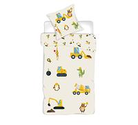 BrandMac Parure de Lit Engins de Chantier, Réversible, 100% Coton, Housse de Couette 140x200 cm + Taie d'oreiller 65x65 cm, Grue, Bulldozer, Tractopelle...