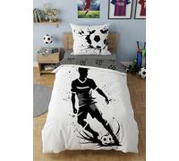 BrandMac Parure de Lit Football Enfant & Ado - Housse de Couette 140x200 cm + 1 Taie 65x65 cm - 100% Coton Premium - Réversible Motif Ballon & Joueur Splash - Noir, Blanc et Gris
